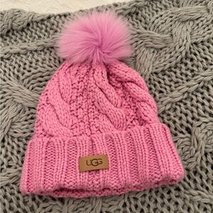 UGG Kids Pink Cable Knit Beanie with Pom-Pom